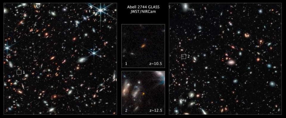 Les candidats les plus solidement établis à ce jour au titre de galaxies primitives observées par le James-Webb montrés avec leurs décalages spectraux vers le rouge estimés, Glass-z10 et Glass-z12. © Nasa, ESA, CSA, T. Treu (Ucla)