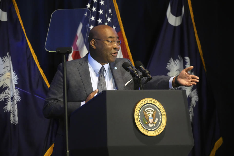 Democratic National Committee Chairman Jaime Harrison speaks at the South Carolina Democratic Party's First-in-the-Nation Dinner, Saturday, Jan. 27, 2024, in Columbia, S.C. President Joe Biden keynoted this year's dinner. (AP Photo/Meg Kinnard)