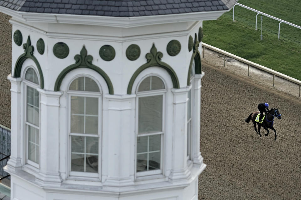 Kentucky Derby entrant Simplification works out at Churchill Downs Thursday, May 5, 2022, in Louisville, Ky. The 148th running of the Kentucky Derby is scheduled for Saturday, May 7. (AP Photo/Charlie Riedel)