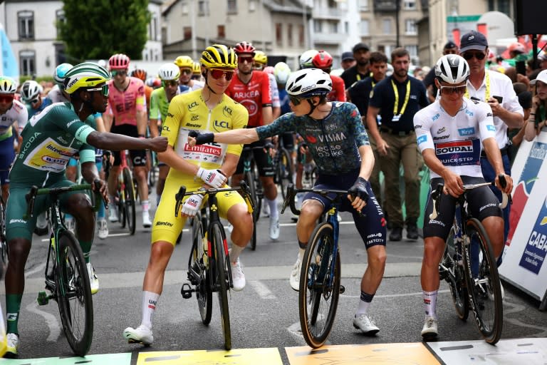 Biniam Girmay, Tadej Pogacar, Jonas Vingegaard and Remco Evenepoel at Aurillac on Thursday (Anne-Christine POUJOULAT)