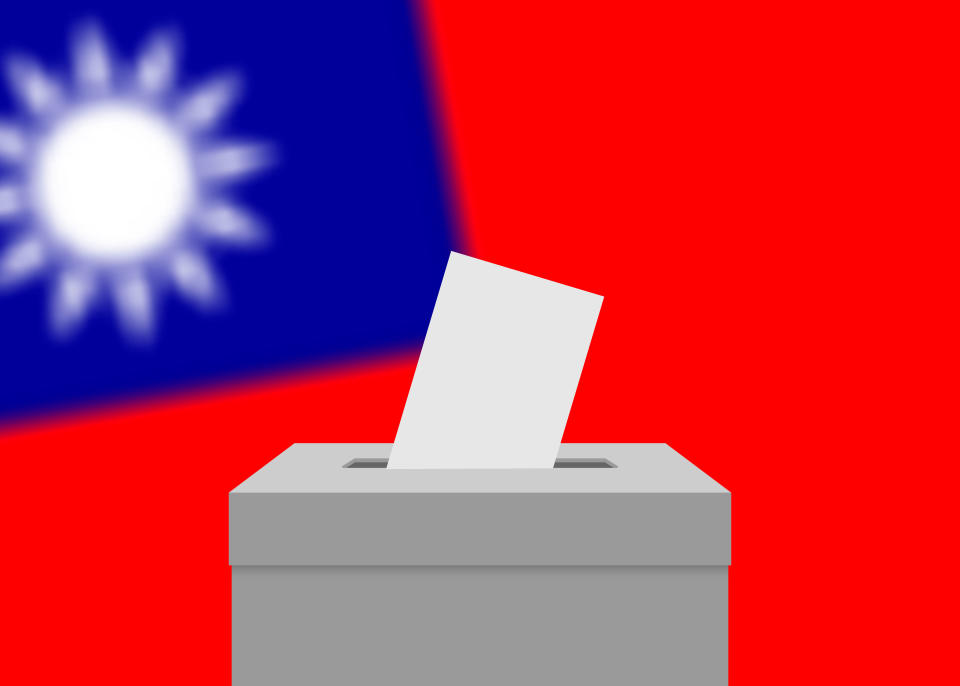 Taiwan election banner background. Ballot Box with blurred flag