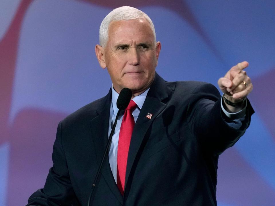 Former Vice President Mike Pence speaks at the annual leadership meeting of the Republican Jewish Coalition on Friday, November 18, 2022, in Las Vegas.