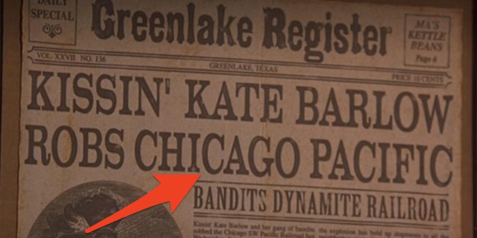 red arrow pointing to "chicago pacific" in a headline in a newspaper in holes