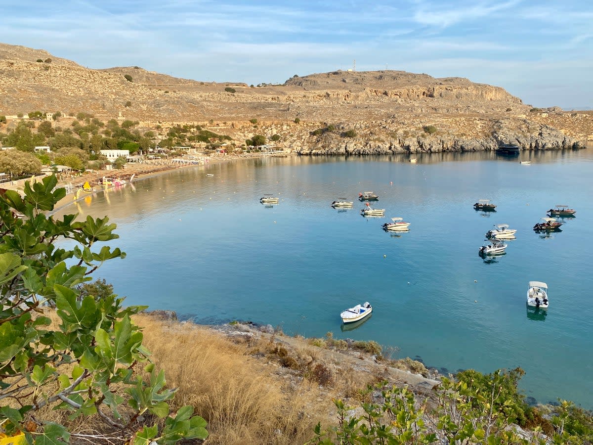 Business as usual: the bay at Lindos in eastern Crete, close to the wildfires of July 2023 (Simon Calder )