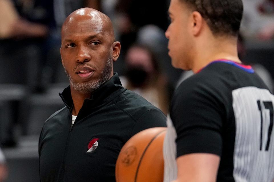 Trail Blazers coach Chauncey Billups looks at referee Jonathan Sterling during the second quarter of the Pistons' 119-115 loss on Monday, March 21, 2022, at Little Caesars Arena.