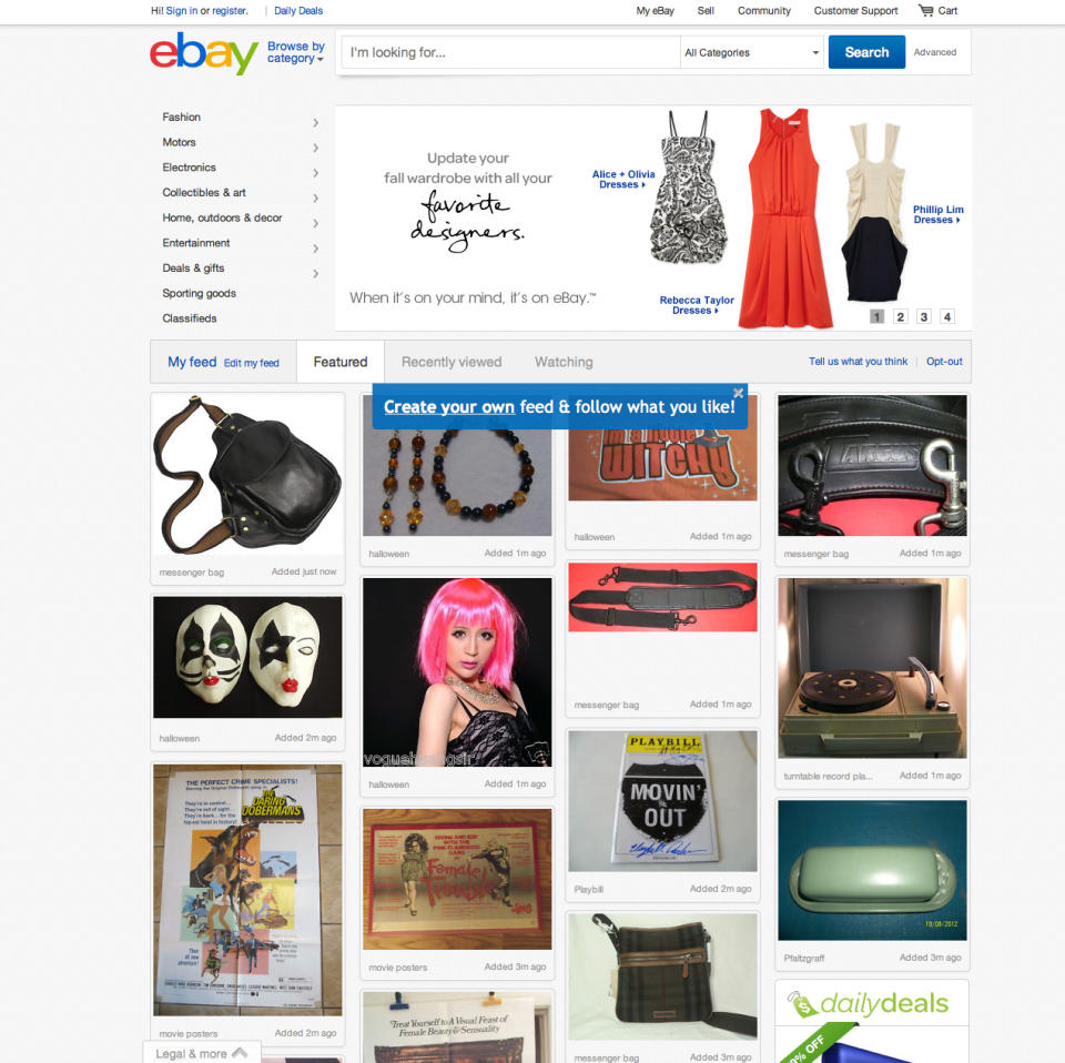 This screenshot made Oct. 10, 2012, shows EBay's redesigned website meant to encourage visitors to browse and collect items they might want to buy later with something it calls the “feed.” The feature, reminiscent of popular sites like image-heavy Pinterest, shows users items based on things they purchased in the past or items they’ve clicked on the site. Shoppers can also edit their feed by adding or removing categories and individual items. (AP Photo/Ebay)