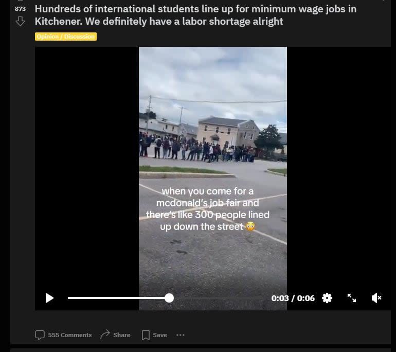 Social media users have been posting pictures and videos like this of people seen waiting in long lines for work in Kitchener, Ont.