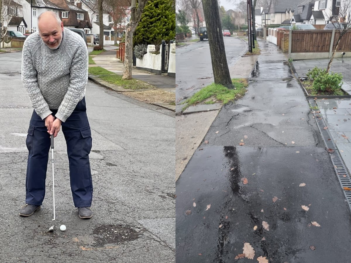 Stephen Aylen, 66, says there are “121 road defects and potholes” on the road in Essex. (SWNS)