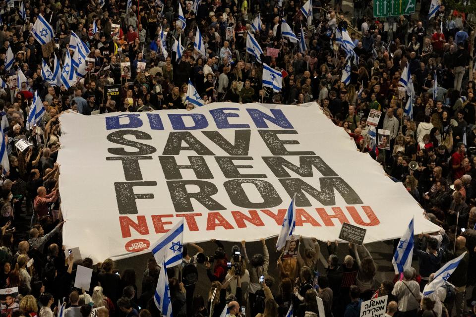 Protesters in Tel Aviv on April 13, 2024, demanding the Israeli government reach a deal to release the hostages held in the Gaza Strip.