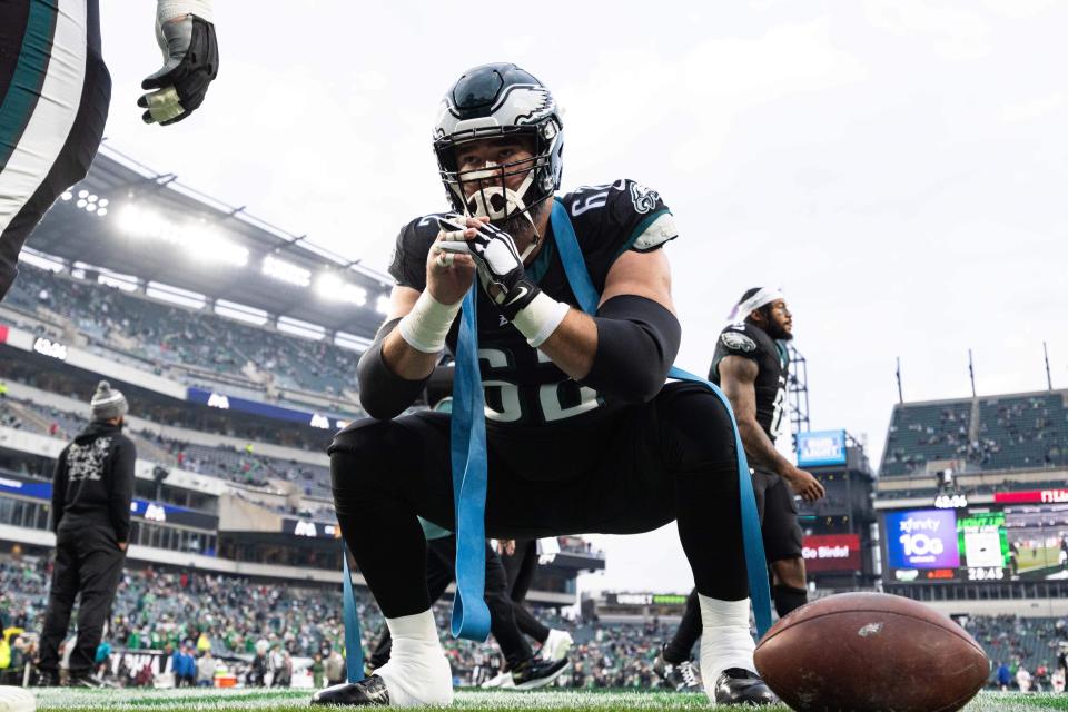 Dec 25, 2023; Philadelphia, Pennsylvania, USA; Philadelphia Eagles center Jason Kelce (62) warms up before action against the New York Giants at Lincoln Financial Field. Mandatory Credit: Bill Streicher-USA TODAY Sports