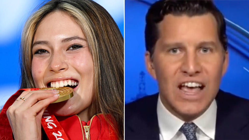 Eileen Gu's decision to represent China over the USA was slammed by Fox News presenter, Will Cain (R). Pic: Getty/Fox News