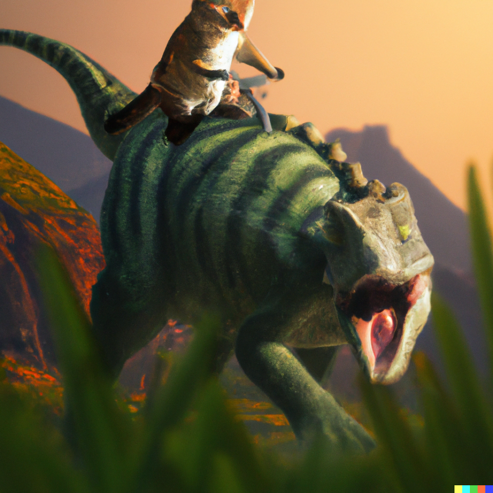 An image generated by DALL-E 2 using the prompt 'A picture of a cat riding a dinosaur digital art.' (Image: OpenAI)