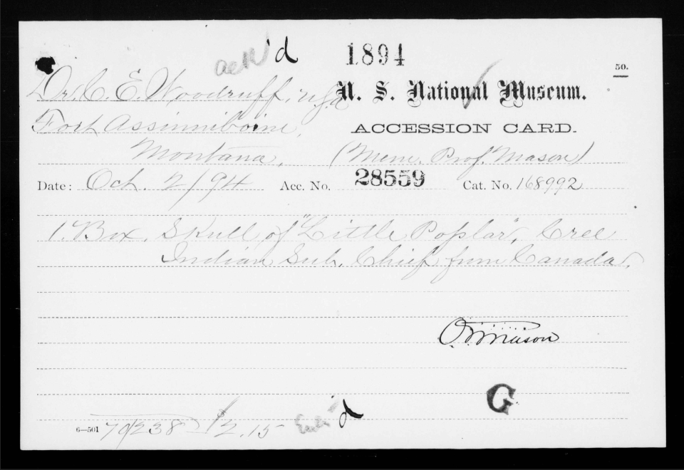 Eden Fineday received a copy of her great-great grandfather's accession card, the document the Smithsonian filled out when receiving a donation of human remains.