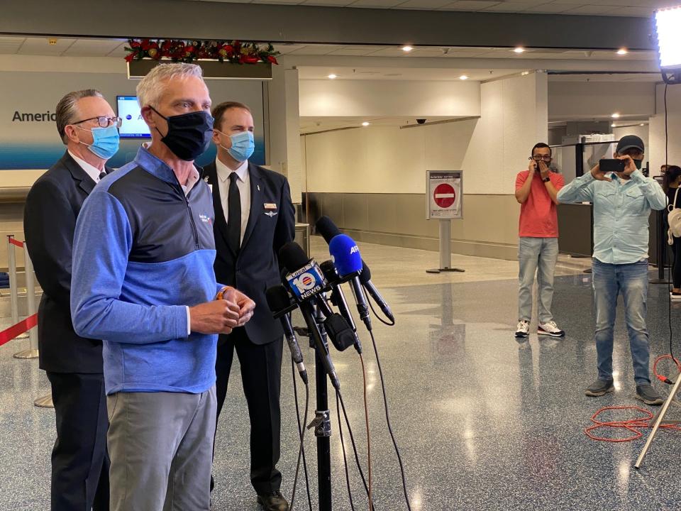 American Airlines President Robert Isom speaking to the press in Miami before takeoff on Tuesday.