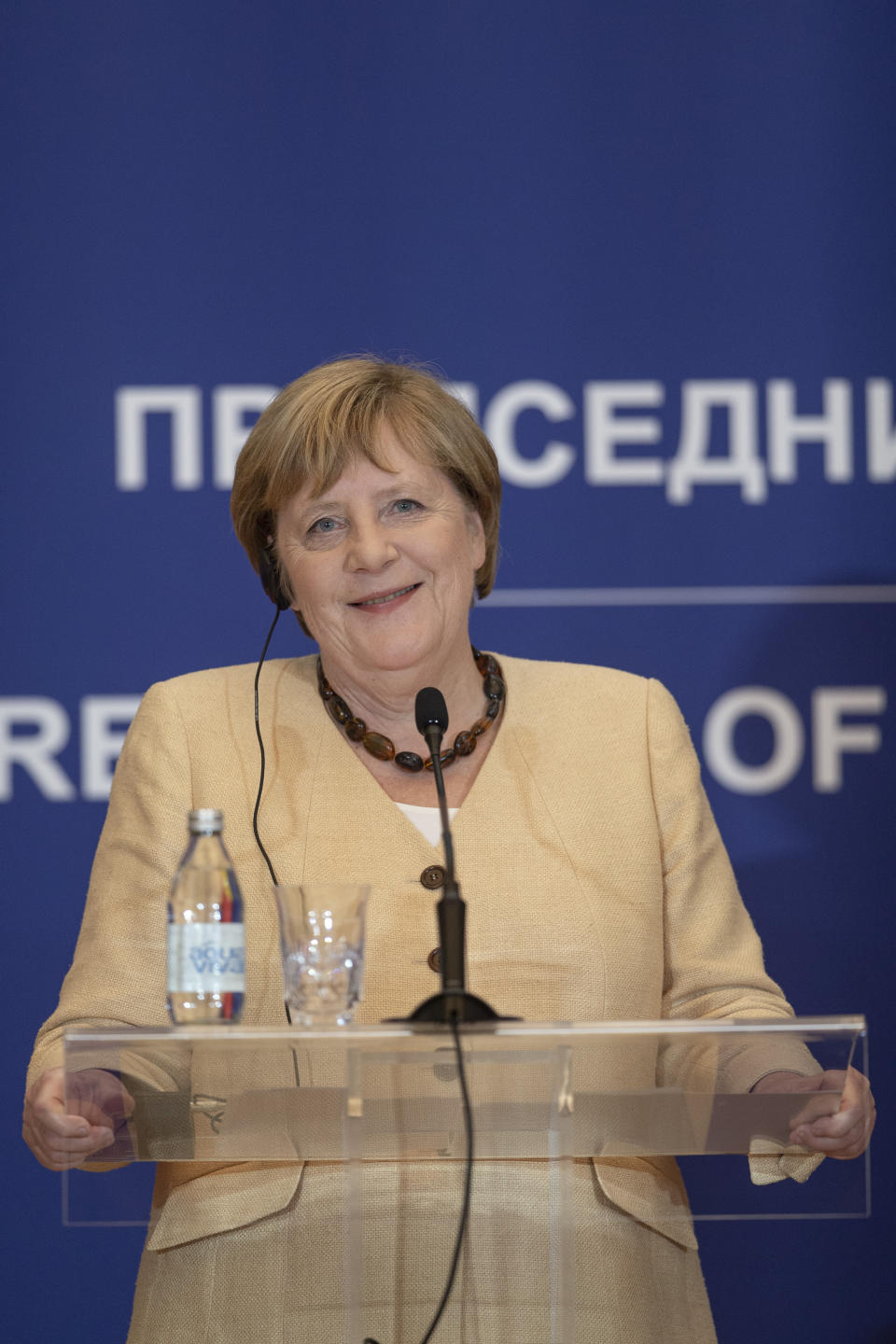 German Chancellor Angela Merkel smiles during a press conference in Belgrade, Serbia, Monday, Sept. 13, 2021. Merkel is on a farewell tour of the Western Balkans, as she announced in 2018 that she wouldn't seek a fifth term as Germany's Chancellor. (AP Photo/Marko Drobnjakovic)