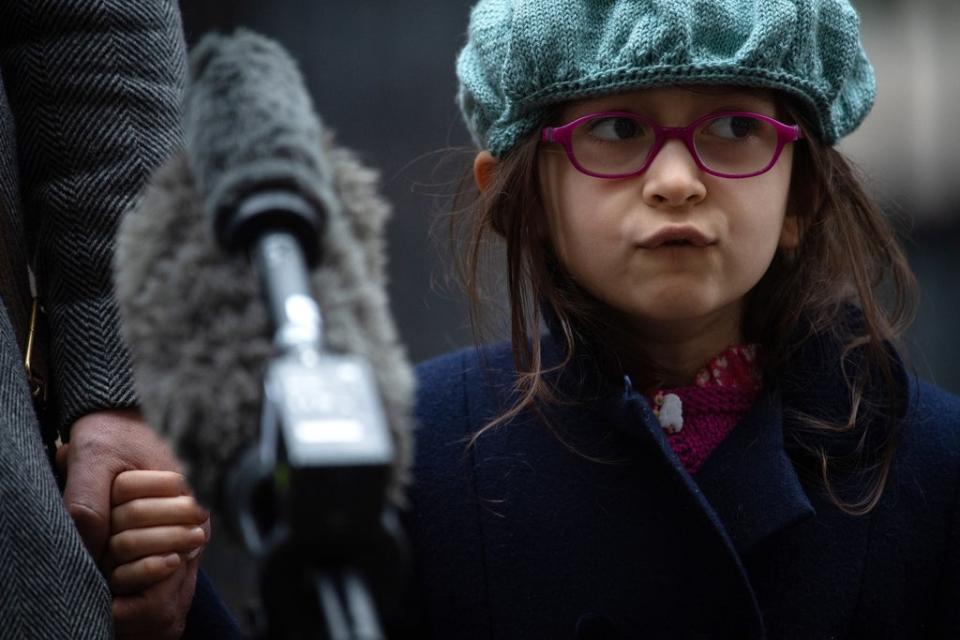 Gabriella Ratcliffe, the daughter of Nazanin Zaghari-Ratcliffe, listens to a question from the media during a visit in Downing Street on 23 January 2020. (Getty Images)