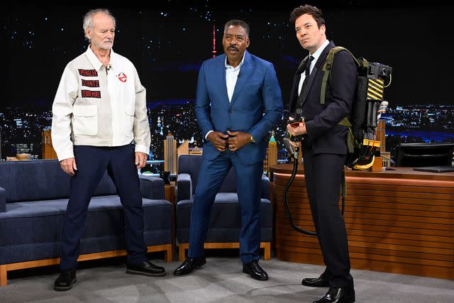 <p>Todd Owyoung/NBC via Getty Images</p> Bill Murray (left), Ernie Hudson and Jimmy Fallon on March 15, 2024