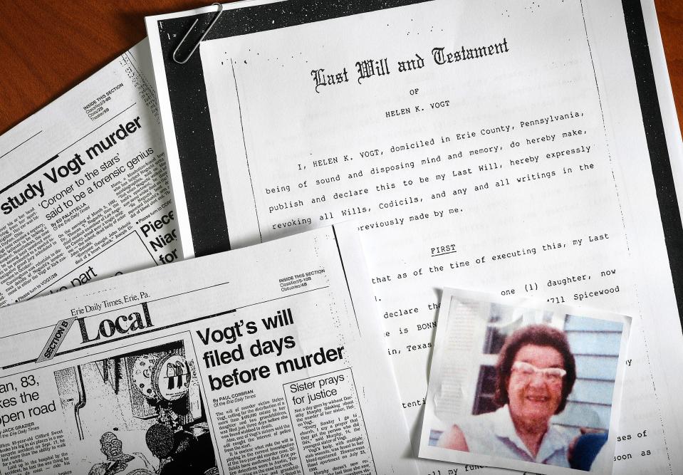 The killing of 77-year-old Helen Vogt in Erie in July 1988 left behind a trail of evidence, including her last will and testament. The killing was also the subject of widespread media reports. Vogt is at lower right.