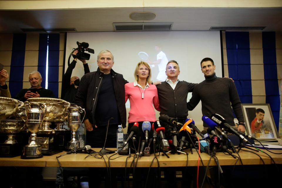 Djokovic’s family gives a press conference (EPA)