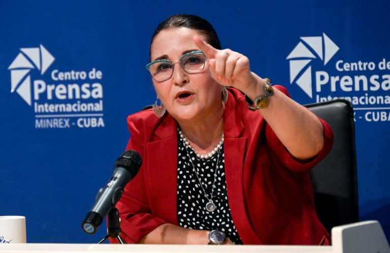 La subdirectora general para Estados Unidos en la cancillería cubana, Johana Tablada, habla en una rueda de prensa en La Habana, el 28 de mayo de 2024 (YAMIL LAGE)