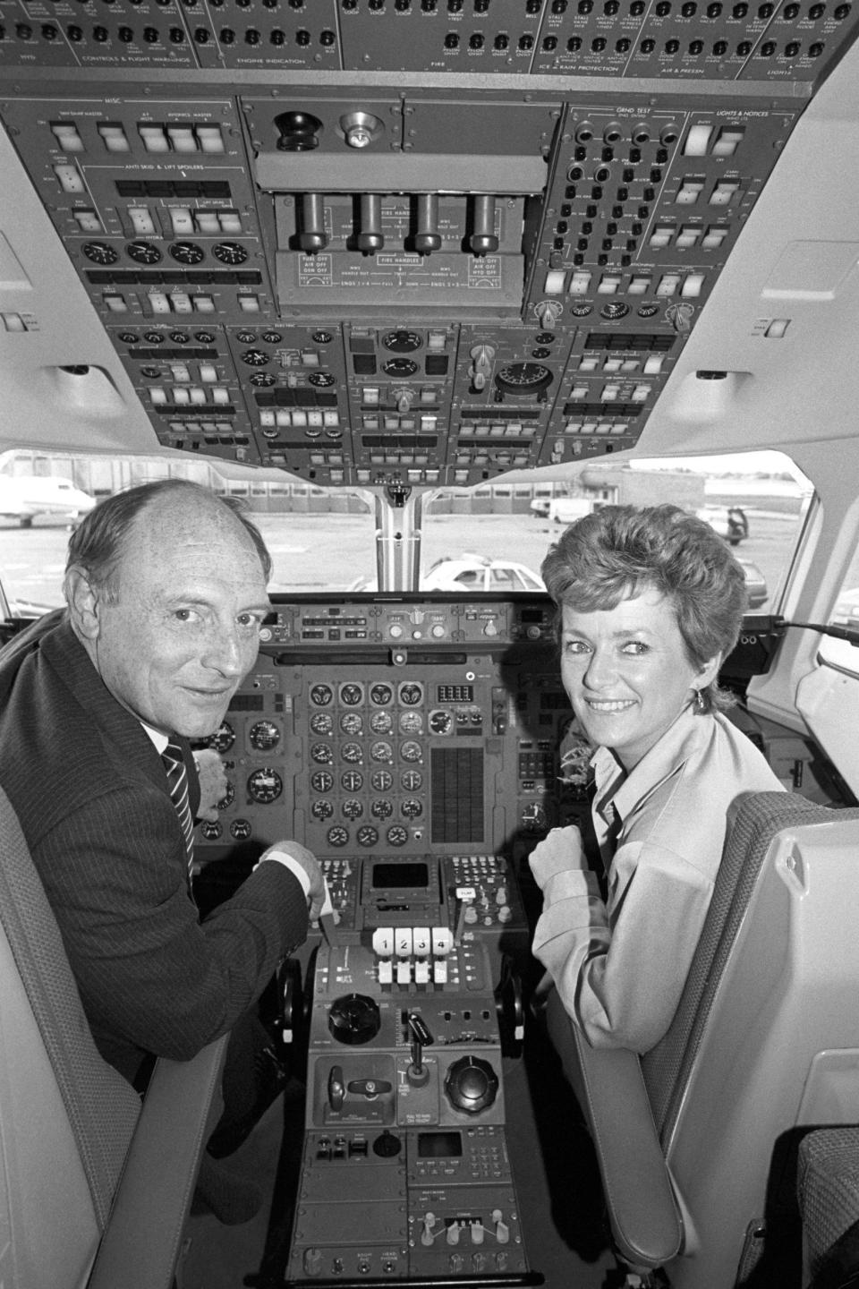 Neil  and Glenys Kinnock in the cockpit of a BAE 146 during a visit to British Aerospace in Hatfield in 1987