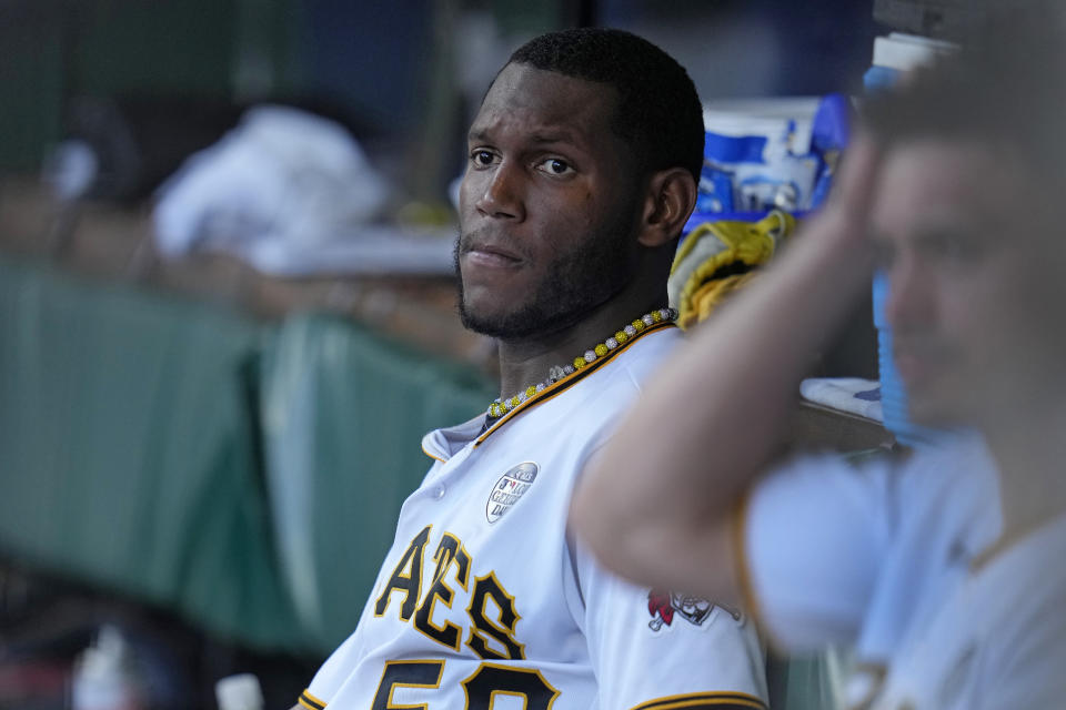 Pittsburgh Pirates starting pitcher Roansy Contreras sits in the dugout after pitching in the top of the first inning in a baseball game against the St. Louis Cardinals in Pittsburgh, Friday, June 2, 2023. (AP Photo/Gene J. Puskar)