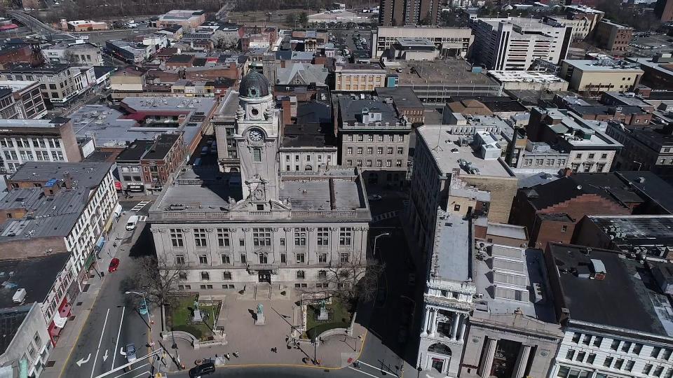 Drone image of Paterson City Hall on March 26, 2020. Residents in New Jersey have been asked to stay at home during the coronavirus pandemic.
