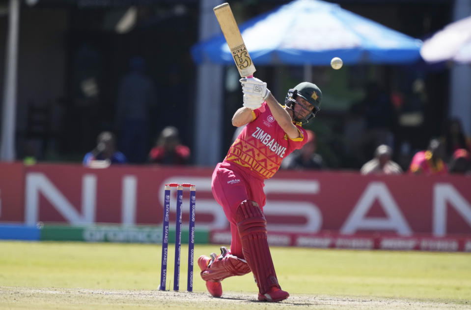 Zimbabwean batsman Sean Williams in action during their ICC Men's Cricket World Cup Qualifier match against the US at Harare Sports Club in Harare, Zimbabwe, Monday June, 26, 2023. (AP Photo/Tsvangirayi Mukwazhi)