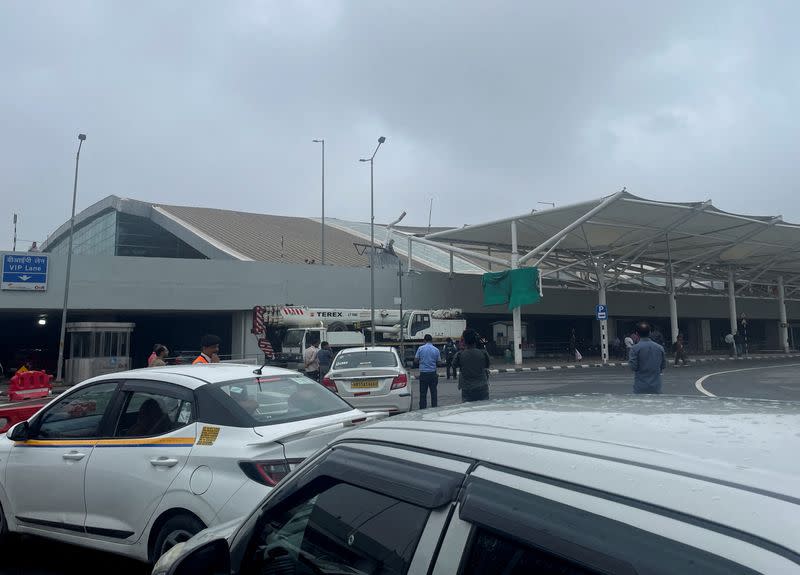 View of a damaged portion of a canopy at Terminal 1 at the Indira Gandhi International Airport following heavy rainfall