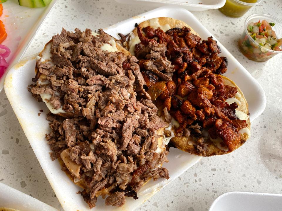 Carne asada vampiros (left) and vampiros al pastor (right) at Taco Boy's in Phoenix.