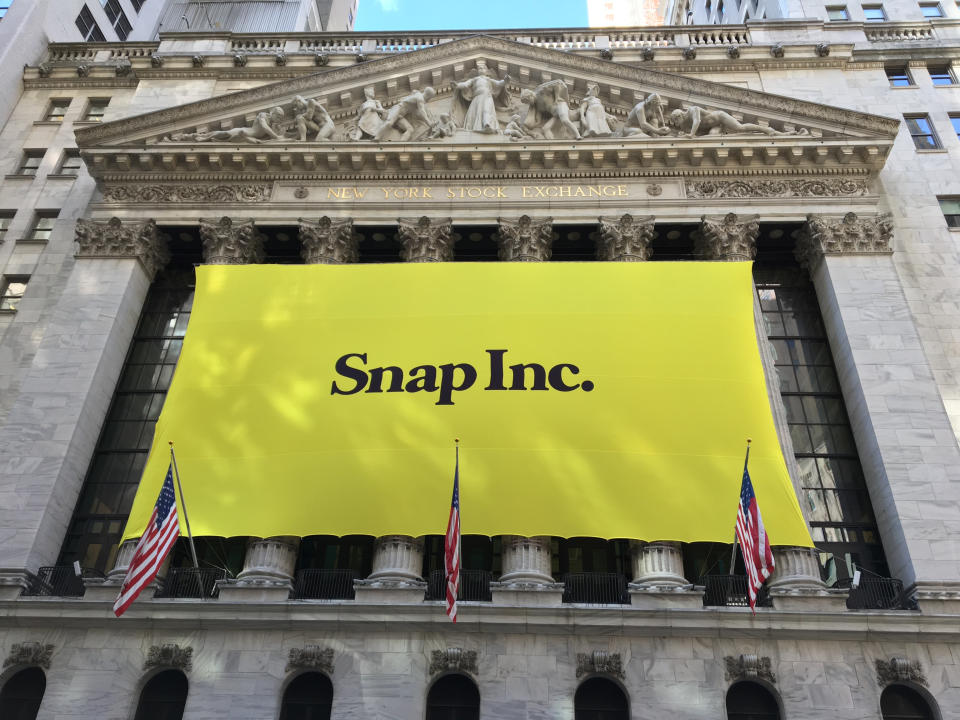 NEW YORK CITY, NY- March 2, 2017: Snapchat&#39;s Snap Inc. makes IPO debut on the New York Stock Exchange. Investors flocked to initial public offering, pushing valuation of nearly $24 billion.