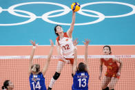 China's Li Yingying spikes the ball during a women's volleyball preliminary round pool B match between China and Russian Olympic Committee at the 2020 Summer Olympics, Thursday, July 29, 2021, in Tokyo, Japan. (AP Photo/Manu Fernandez)