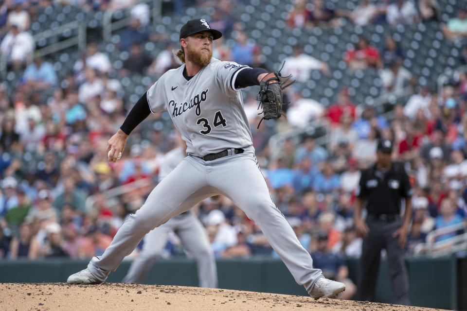 Chicago White Sox pitcher Michael Kopech throws to a Minnesota Twins batter during the first inning of a baseball game Friday, July 15, 2022, in Minneapolis. (AP Photo/Craig Lassig)