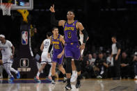 Los Angeles Lakers guard Russell Westbrook (0) celebrates after shooting a 3-pointer during the first half of an NBA basketball game against the Memphis Grizzlies in Los Angeles, Friday, Jan. 20, 2023. (AP Photo/Ashley Landis)