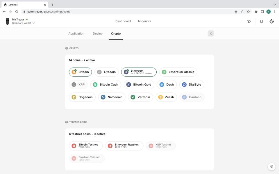 Selecting crypto assets to store in Trezor wallet