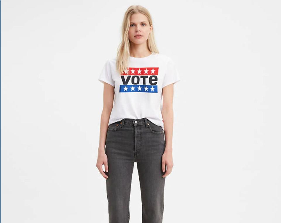 Get the <a href="https://www.levi.com/US/en_US/clothing/women/shirts-blouses-tops/levis-x-vote-cropped-surf-tee-shirt/p/296740112?utm_source=google&amp;utm_medium=cpc&amp;adpos=&amp;camp=PLA*EC*US*EN*71700000039128118*pla*goog**:92700051923671875:LEVI&amp;gclid=EAIaIQobChMItfuJuump6wIVhpOzCh0WXww2EAQYAiABEgJw8vD_BwE&amp;gclsrc=aw.ds" target="_blank" rel="noopener noreferrer">Levi's x Vote cropped surf tee shirt﻿</a> for $30.