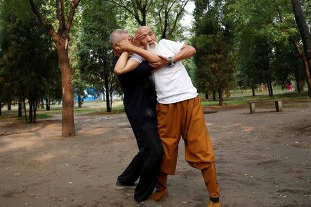 Kung Fu master Li Liangui (R) practices with his friend at a park in Beijing, China, June 30, 2016. REUTERS/Kim Kyung-Hoon