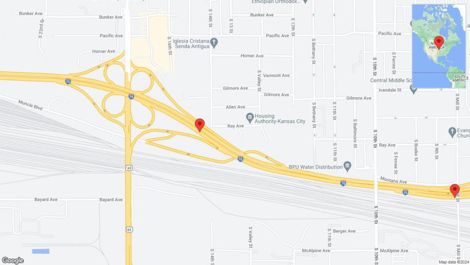 A detailed map that shows the affected road due to 'Reports of a crash on eastbound I-70' on May 14th at 8:11 p.m.