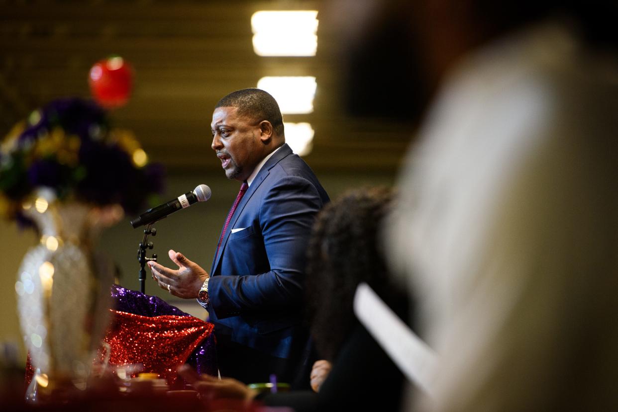 Mayor Mitch Colvin speaks at the 31st Annual Dr. Martin Luther King Jr. Prayer Brunch hosted by the Fayetteville Cumberland County Ministerial Council at the Crown Expo Center, Monday, Jan. 15, 2023.