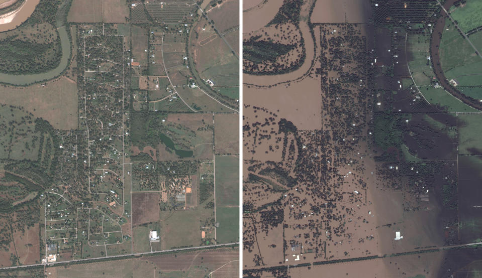 Left is a “before” DigitalGlobe satellite image taken on November 20, 2016 of a neighborhood in Simonton, Texas, and on the right taken on August 30, 2017 after Hurricane Harvey. (Photos: DigitalGlobe via Getty Images)