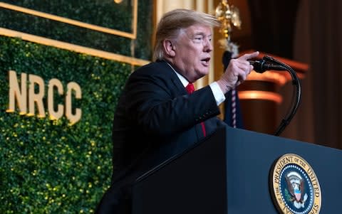 Donald J. Trump delivers remarks at the National Republican Congressional Committee (NRCC) Spring Dinner - Credit: Ron Sachs/POOL/EPA-EFE/REX