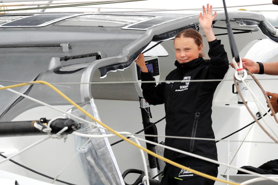 Swedish 16-year-old activist Greta Thunberg on the Malizia II racing yacht in New York Harbor as she neared the completion of her trans-Atlantic crossing to attend a United Nations summit on climate change in New York in August. (Photo: Mike Segar/Reuters)