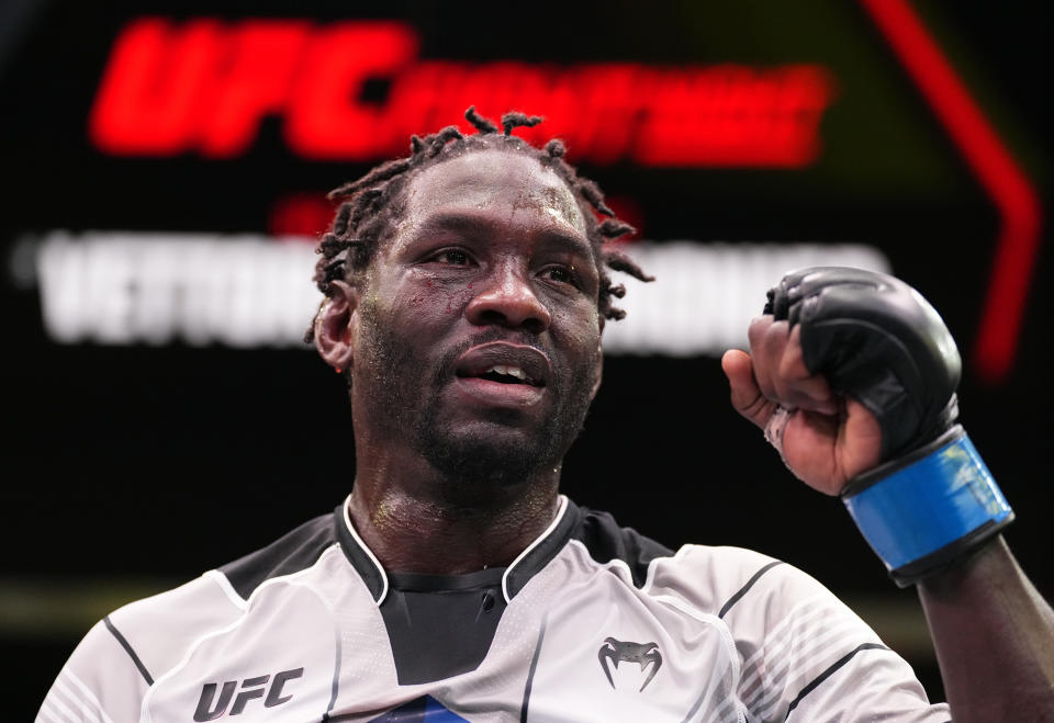 LAS VEGAS, NEVADA - JUNE 17: Jared Cannonier reacts after his victory over Marvin Vettori of Italy in a middleweight fight during the UFC Fight Night event at UFC APEX on June 17, 2023 in Las Vegas, Nevada. (Photo by Chris Unger/Zuffa LLC via Getty Images)