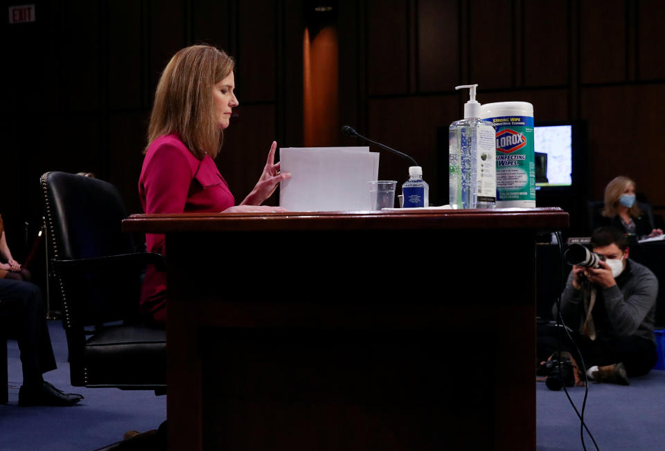 Supreme Court nominee Amy Coney Barrett delivers her opening statement before the Senate Judiciary Committee in Washington on Oct. 12, 2020. (Photo: Leah Millis/Reuters)