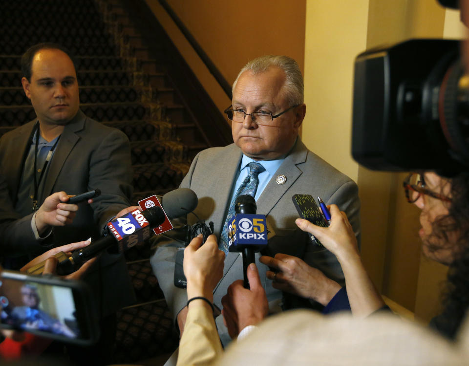 Assemblyman Tom Lackey, R-Palmdale, meets with reporters to discuss his opposition to Gov. Gavin Newsom's executive order placing a moratorium on the death penalty at the Capitol, Wednesday, March 13, 2019, in Sacramento, Calif. (AP Photo/Rich Pedroncelli)