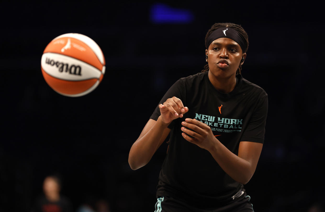 NEW YORK, NEW YORK - OCTOBER 18: Jonquel Jones #35 of the New York Liberty warms up before Game Four of the 2023 WNBA Finals against the Las Vegas Aces at Barclays Center on October 18, 2023 in New York City. (Photo by Sarah Stier/Getty Images)