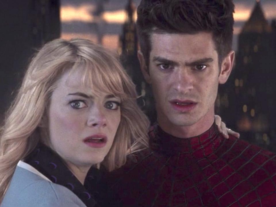 Emma Stone as Gwen Stacy and Andrew Garfield as Peter Parker/Spider-Man in "The Amazing Spider-Man 2."