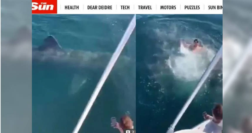 醉男看到鯊魚竟跳到海裡一同游泳，遭到網友嚴厲譴責。（圖／翻攝自太陽報）