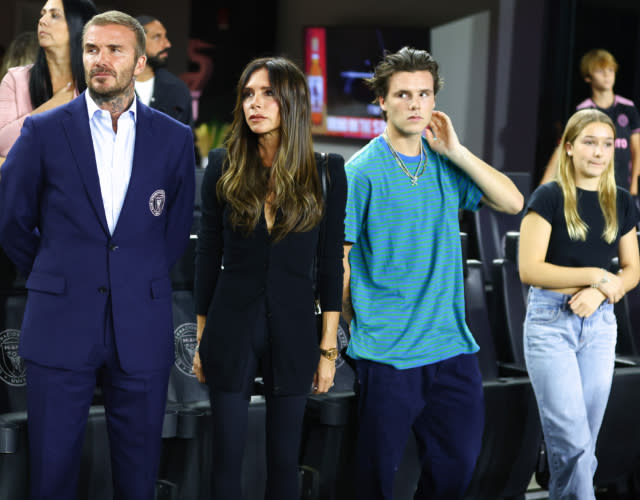 FORT LAUDERDALE, FLORIDA – OCTOBER 18: Co-owner David Beckham of Inter Miami CF, wife Victoria Beckham, and kids Cruz and Harper look on prior to a game between Charlotte FC and Inter Miami at DRV PNK Stadium on October 18, 2023 in Fort Lauderdale, Florida. <em>Photo by Megan Briggs/Getty Images.</em>