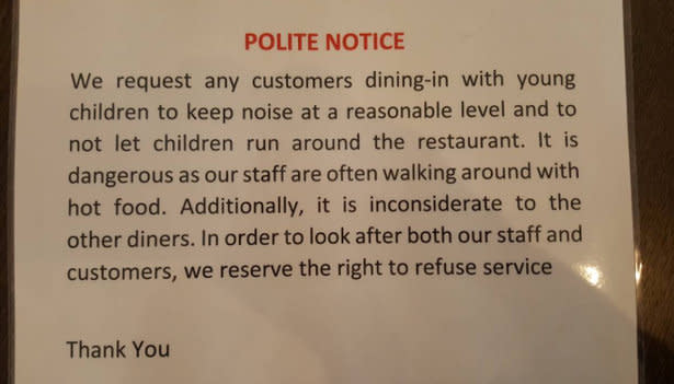 The notice given to customers with children [Photo: SWNS]